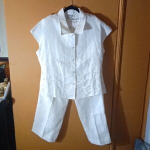 White Linen Cropped Pants & Cap-Sleeve Top Set